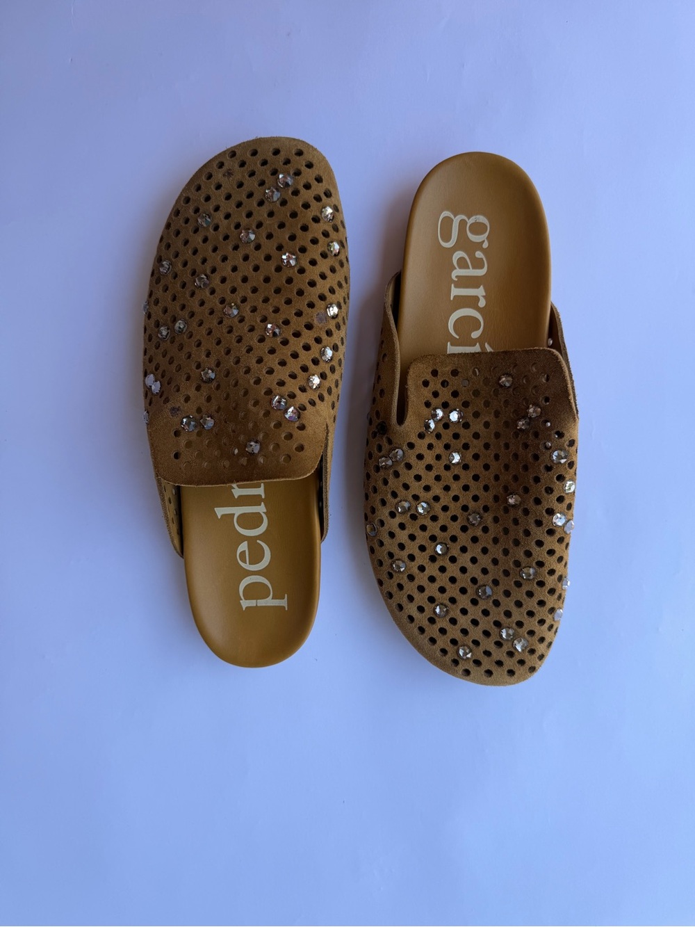 Pedro Garcia Tan Suede Crystal-Studded Slip-On Mules
